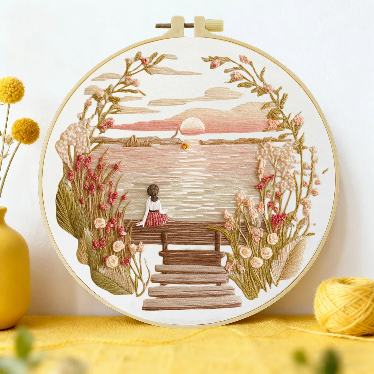 Dreamy Sunset Lake Embroidery Kit – Peaceful Girl on Dock Needlepoint Pattern with Soft Floral Landscape & Cottagecore Vibes