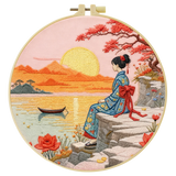 Japanese Sunset Landscape Embroidery Starter Kit – DIY Scenic Kimono Sewing Art Set for Beginners