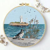 Coastal Lighthouse Embroidery Kit – Seaside Ocean Scene with Lighthouse, Pigeon & Waves Needlepoint Pattern for Beach Lovers