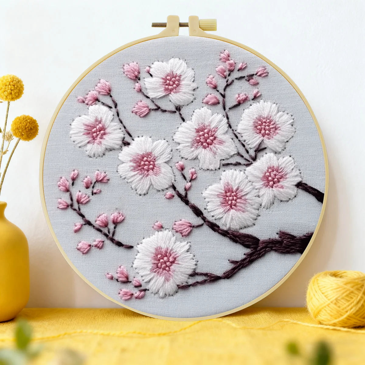 Handmade Cherry Blossom Embroidery Hoop Wall Art – Delicate Floral Branch Cottage Decor
