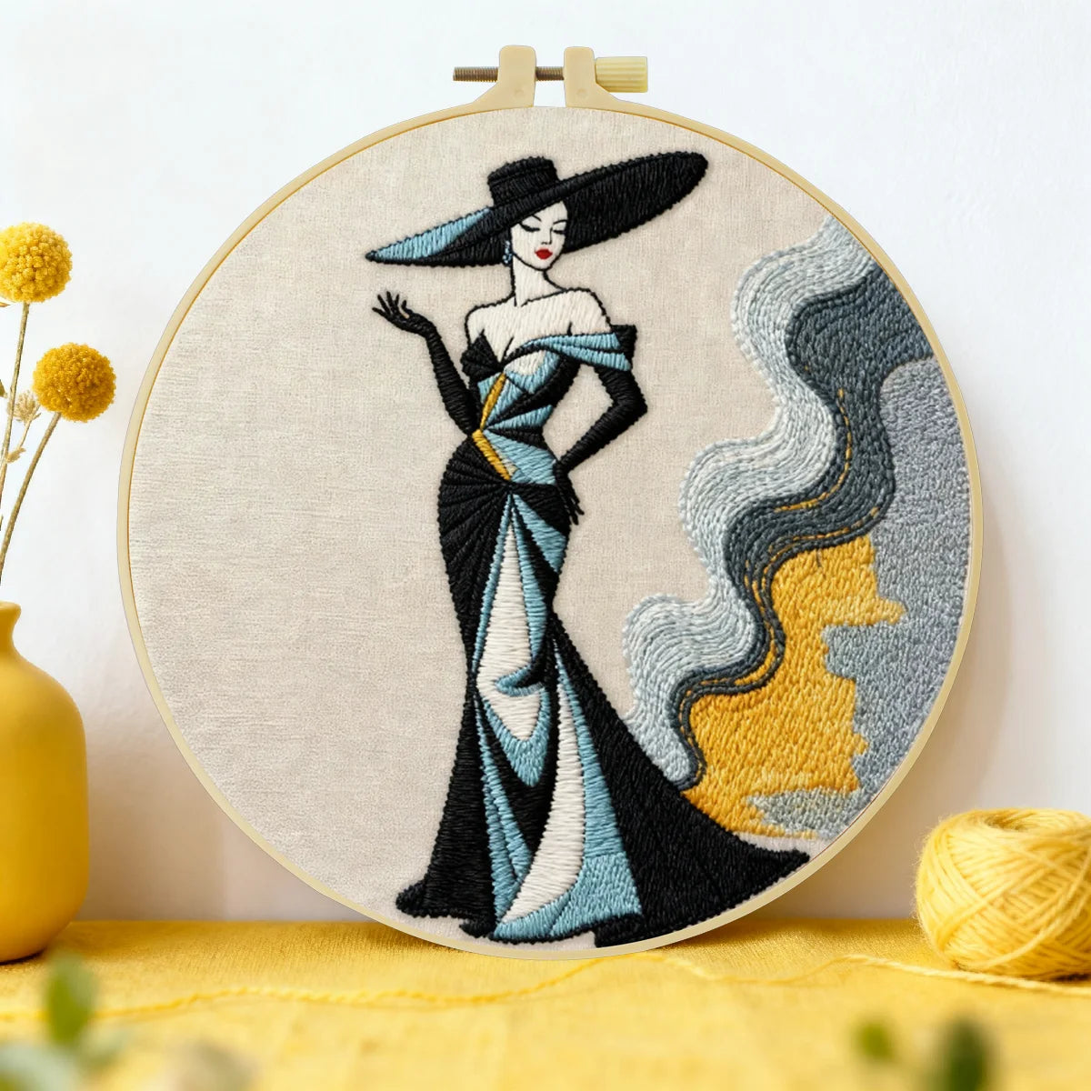 Handmade Elegant Lady Embroidery Hoop Wall Art – Vintage Fashion Portrait Decor