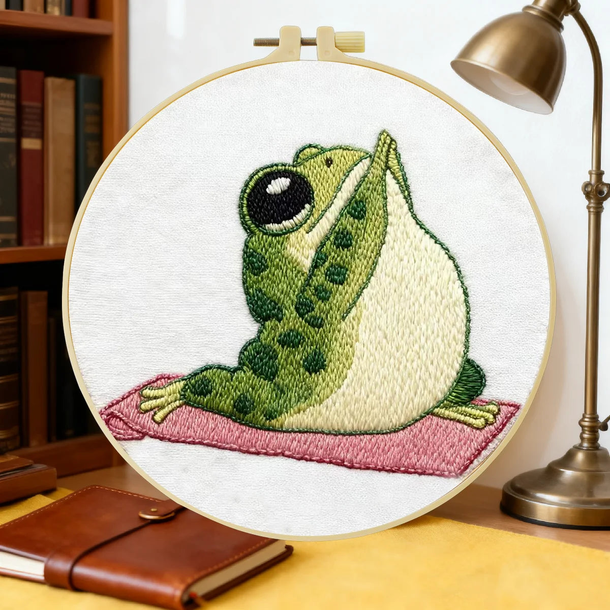 Cute Frog Yoga Embroidery Kit – Kawaii Meditating Frog Needlepoint Pattern with Cozy Cottagecore & Mindfulness Aesthetic