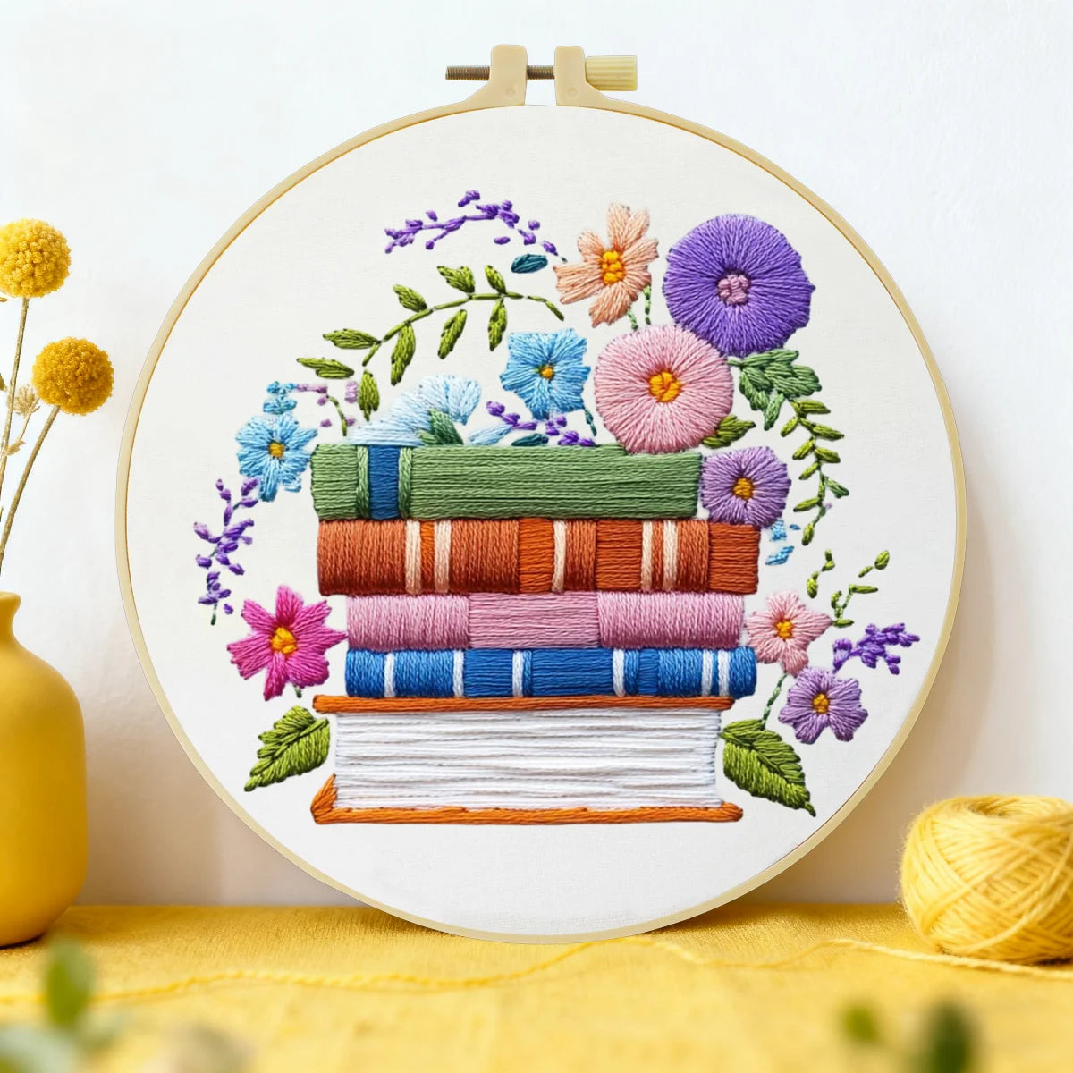 Handmade Floral Book Stack Embroidery Hoop Wall Art – Colorful Literary Cottagecore Decor