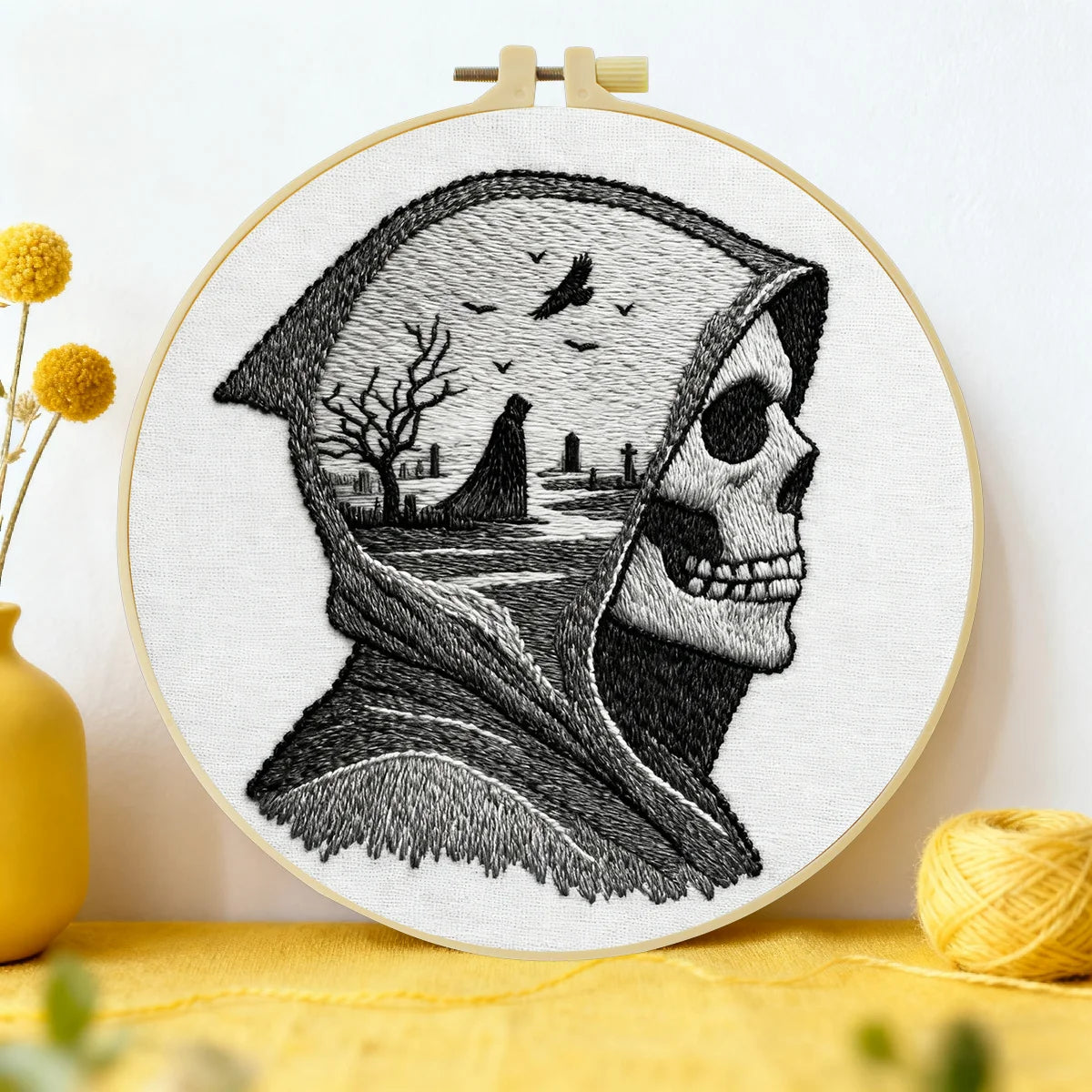 Grim Reaper Embroidery DIY Kit – Gothic Skull Beginner Stitching Kit with Hoop, Pattern & Threads