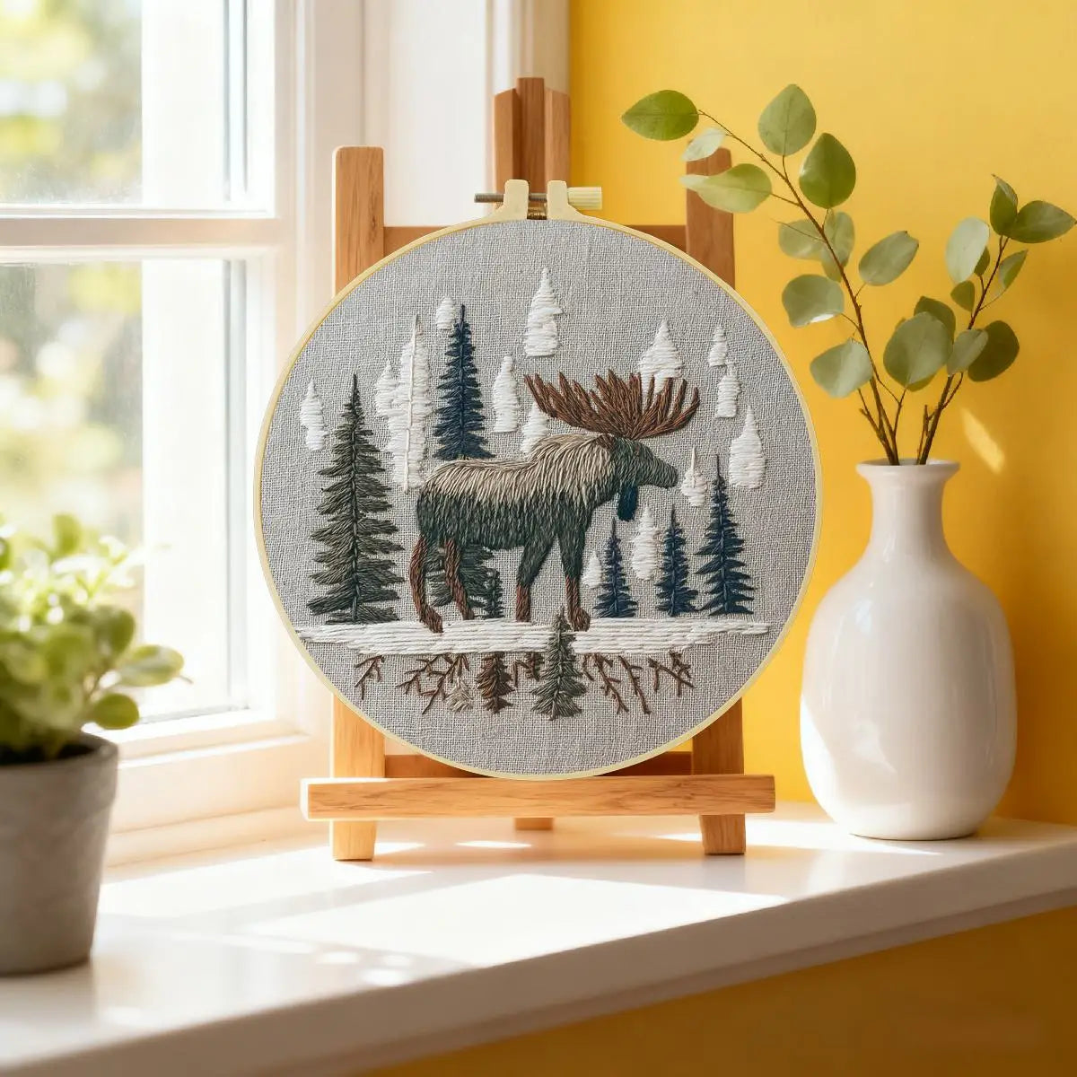 Woodland Moose Embroidery Kit – Rustic Forest DIY Hand Embroidery Hoop Art Set